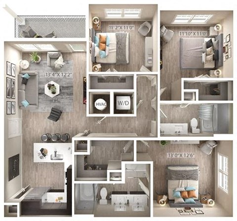 Floor plan for 3 beds, 2 baths, 1255 sqft